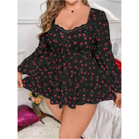 Plus Size Women's Floral Print Lace Trim Bishop Long Sleeve Ruffle Hem Tee - Picture 4 of 6